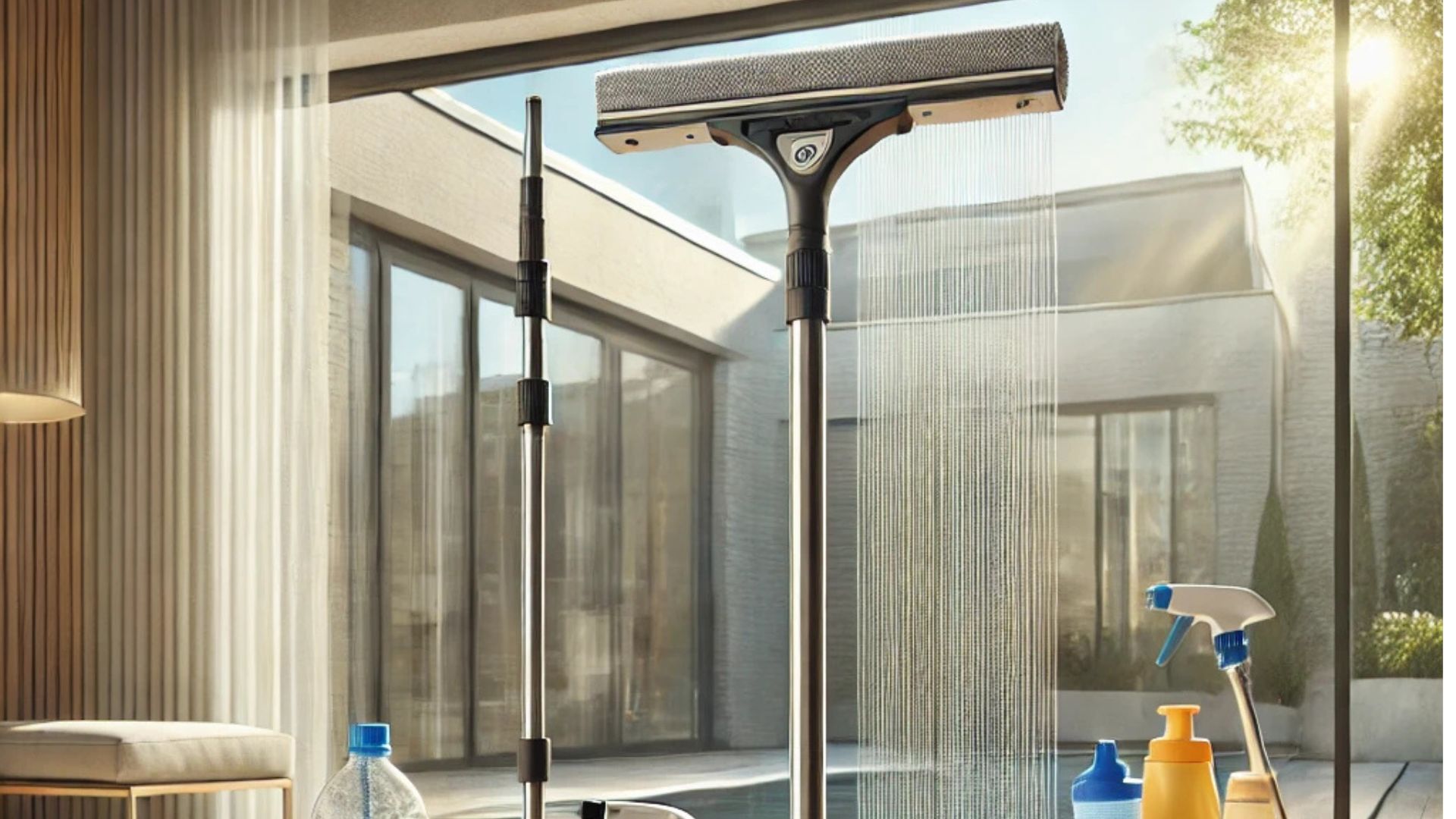 A detailed illustration of the best window cleaning equipment for residential homes, including squeegees, microfiber cloths, extension poles, and cleaning solutions