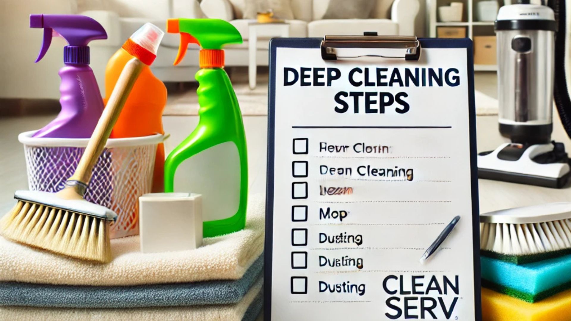 An organized home with cleaning supplies neatly arranged, featuring a Cleanserv-branded spray bottle and uniformed professional cleaner, ready for a successful deep cleaning