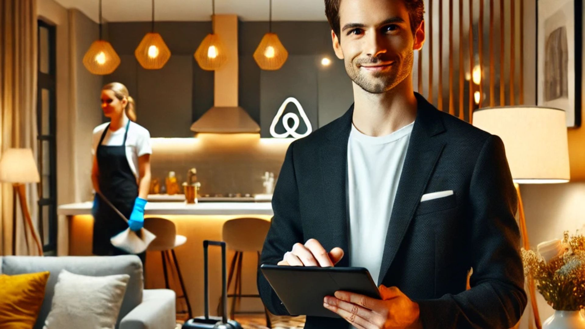 A professional Airbnb property manager overseeing a rental apartment, holding a tablet to check guest bookings and maintenance tasks.